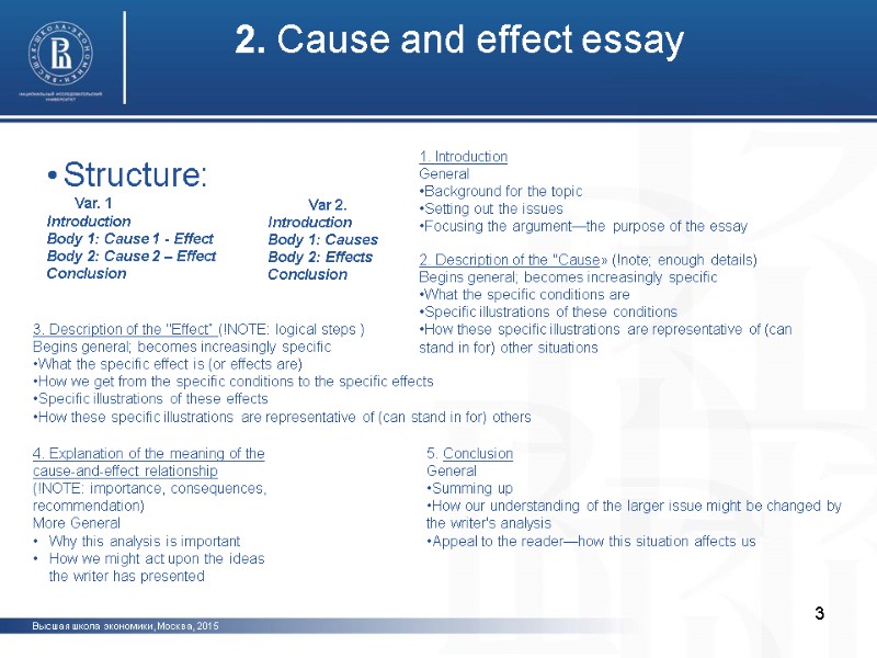 2. Cause and effect essay Высшая школа экономики, Москва, 2015  Structure:  